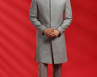 Embroidered Grey Indo Western Sherwani Set: Groom Wedding Outfit