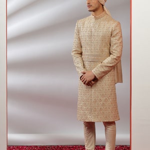 Classic Golden Embellished  Sherwani Set for Wedding Royal look for Men & Boys Achkan Designer Marriage wedding
