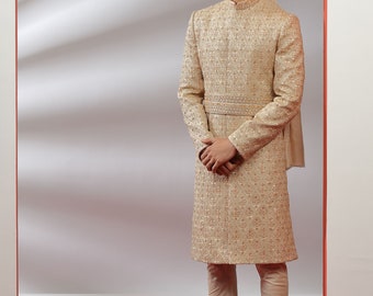 Classic Golden Embellished  Sherwani Set for Wedding Royal look for Men & Boys Achkan Designer Marriage wedding