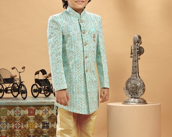 Boys Sea Green Embroidered Sherwani Set: Kids Wedding Party Wear