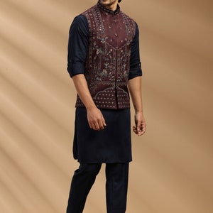 Wine/Navy Blue color Suiting fabric Mens kurta set with waistcoat,Nehru Jacket, Modi Jacket,Designer Half Jodhpuri Jacket with Kurta Pajama