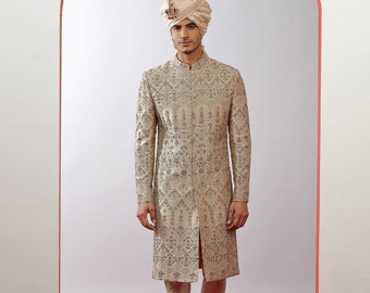 Classic Golden Beige Embellished Pure Raw Silk Sherwani Set for Wedding Royal look for Men & Boys Achkan Designer Marriage wedding