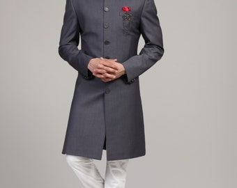 Grey Sherwani Set: Men's Wedding Achkan, Cream Churidar