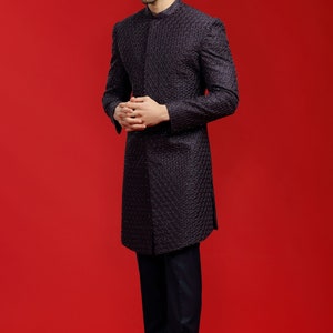 Deep Wine Marron Embellished Cocktail Sherwani Set with Navy Embroidered For Groom Wedding Royal look and For Best man