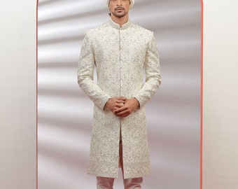 Traditional Frost Off White Embroidered Sherwani Set for Wedding Royal look for Men & Boys Achkan Designer Marriage wedding