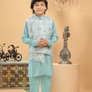 Kids Boys Ethnic Sea Green Embroidered Bandi Kurta Set For Kids Wedding Party Wear Jacket Traditional Wear Kurta Trouser Kids Sherwani