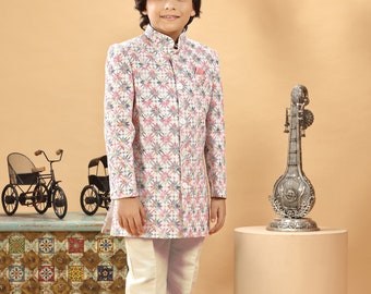 Boys' Embroidered Sherwani Set: Ivory Multi Ethnic Wedding Outfit