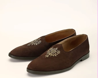Brown Loafers Juttis In Suede With Zari Embroidered Motif