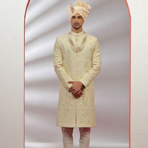 Royal Cream Gold Embroidered Sherwani Set for Wedding Royal look for Men & Boys Achkan Designer Marriage wedding