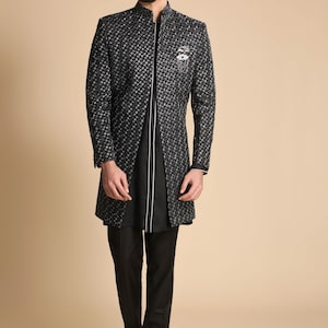 Black With Black Fusion Kurta Indo Western Sherwani Set For Groom Wedding Royal look and For Best man