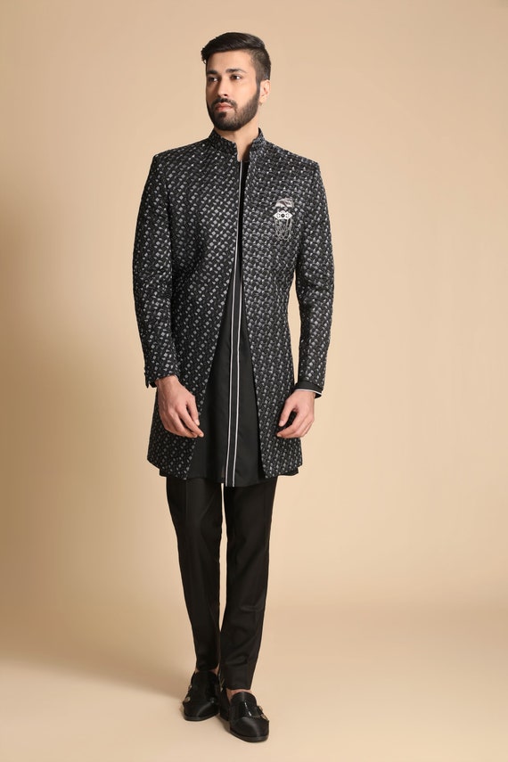 Black With Black Fusion Kurta Indo Western Sherwani Set for Groom Wedding Royal Look and for Best Man Etsy Canada
