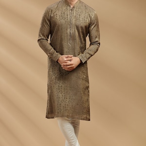 Antique Gold Jacquard Silk Kurta Set for Men and brother Ethnic wear for marriage