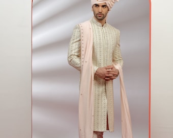 Royal Cream Silk Sherwani Set for Wedding Royal look for Men & Boys Achkan Designer Marriage wedding