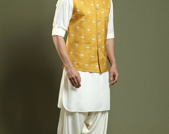 Mustard yellow bandi bandhani print Mens kurta set with waistcoat,Nehru Jacket, Modi Jacket,Designer Half Jodhpuri Jacket with Kurta Pajama