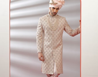 Salmon Peach Embroidered Silk Sherwani Set for Wedding Royal look for Men & Boys Achkan Designer Marriage wedding