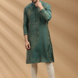 Green Textured Jacquard Kurta Set For Men