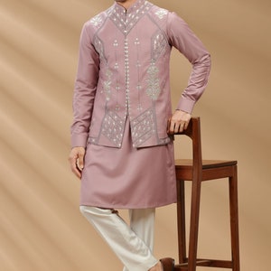 Onion color suiting fabric Mens kurta set with waistcoat, Nehru Jacket, Modi Jacket, Designer Half Jodhpuri Jacket with Kurta Pajama