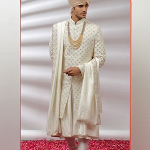 Embroidered Off White Sherwani Set: Silk Wedding Outfit