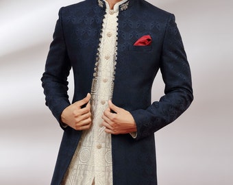 Regal Navy Blue Jacquard Fusion Sherwani Indo Western Wedding Set,Kurta Sherwani for Groom,Wedding Party Outfit and for Best man