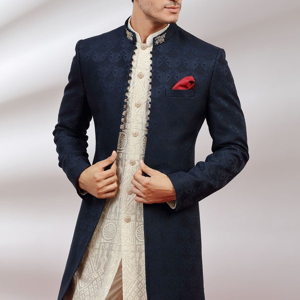 Regal Navy Blue Jacquard Fusion Sherwani Indo Western Wedding Set,Kurta Sherwani for Groom,Wedding Party Outfit and for Best man