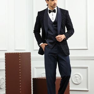 Navy Tuxedo Suit With All Over Embroidered Fabric For Wedding and Cocktail Party.