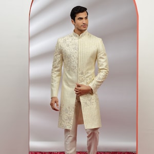 Royal Cream Gold Embroidered Sherwani Set for Wedding Royal look for Men & Boys Achkan Designer Marriage wedding