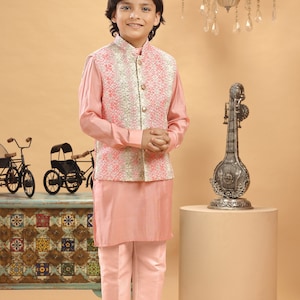Kids Boys Ethnic Peach Embroidered Bandi Kurta Set For Kids Wedding Party Wear Jacket Traditional Wear Kurta Trouser Kids Sherwani