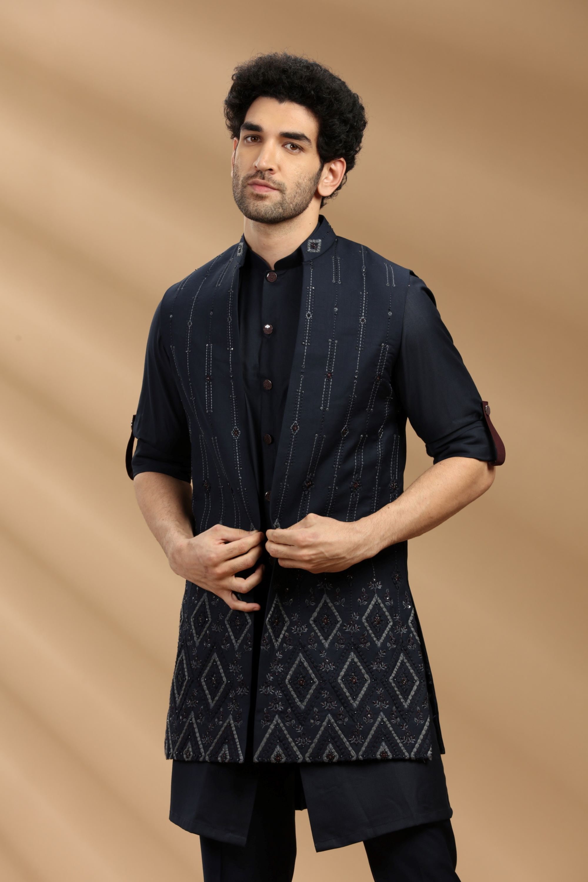 Babyhug Woven Full Sleeves Embroidered Kurta with Solid Pyjama Set - Navy Blue main image 0