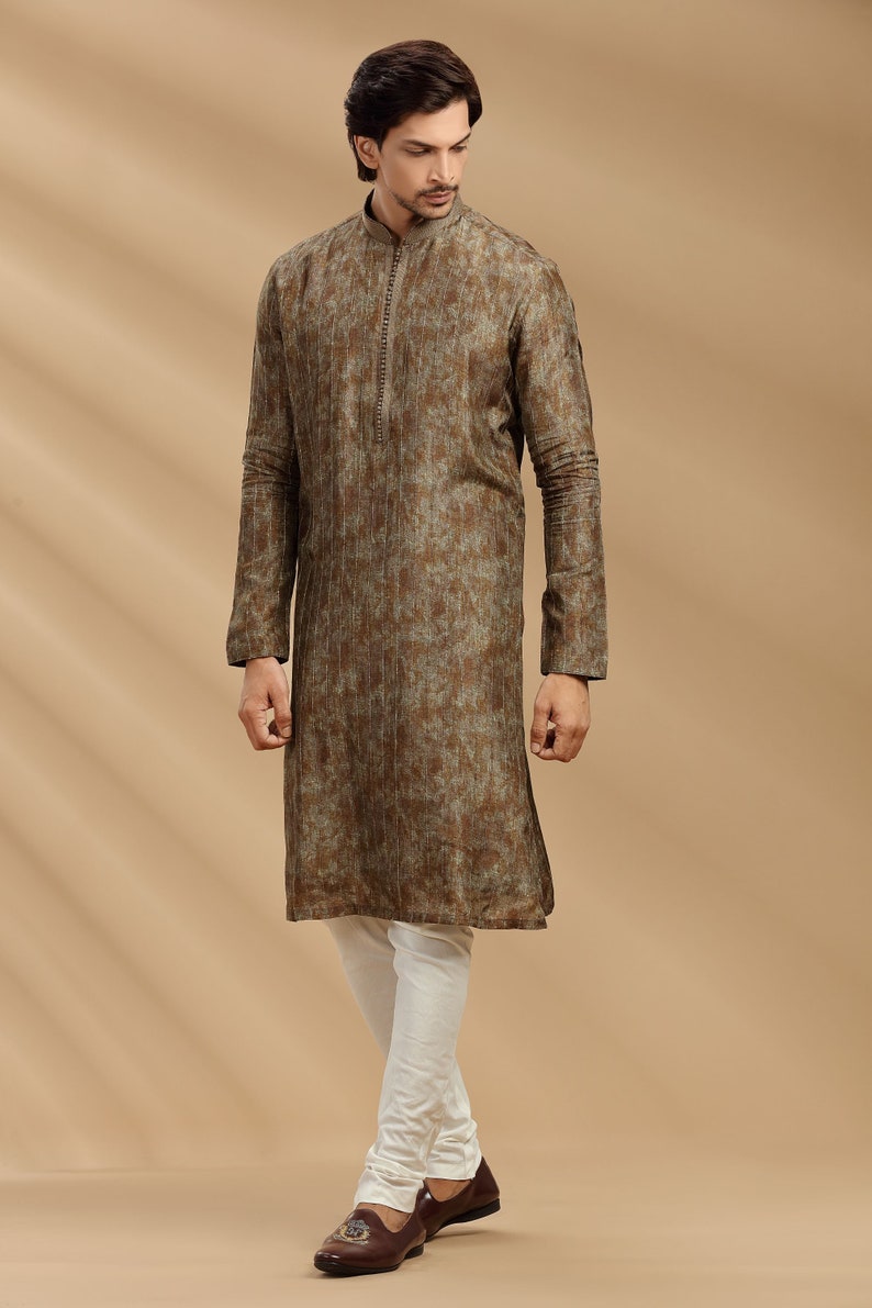 Green Chanderi Silk Kurta Set for Men and brother Ethnic wear for marriage image 2