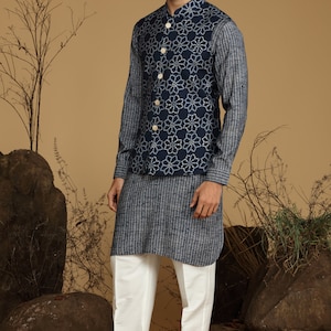Ink Navy Printed Kurta With BundiSet For Mens kurta set with waistcoat,Nehru Jacket,Modi Jacket,Designer Half Jodhpuri Jacket with Kurta Set