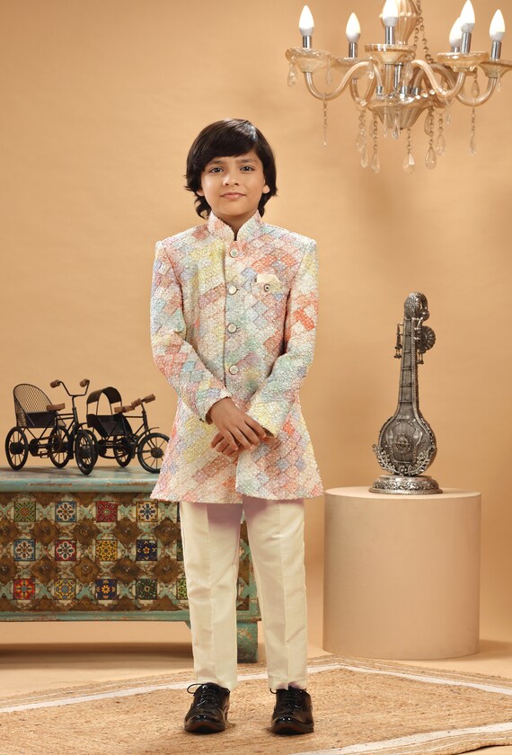 Kids Boys Ethnic Multi Embroidered Sherwani Set for Kids Wedding