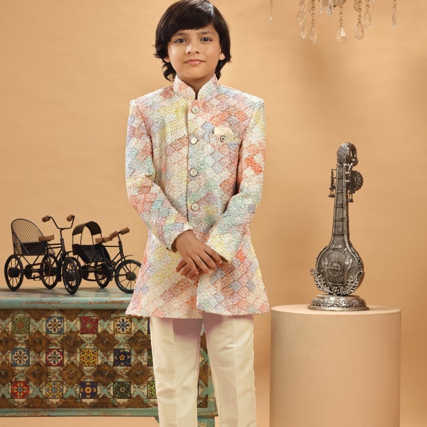 Kids Boys Ethnic Multi Embroidered Sherwani Set For Kids Wedding Party Wear Sherwani Traditional Wear Kurta Trouser Kids Sherwani