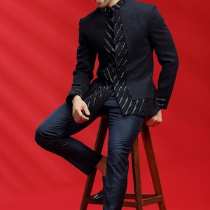 Navy color Suiting fabric Jodhpuri for Mens, Nehru Jacket, Modi Jacket, Designer Jodhpuri Jacket