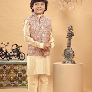 Kids Boys Ethnic Cream Multi Embroidered Bandi Kurta Set For Kids Wedding Party Wear Jacket Traditional Wear Kurta Trouser Kids Sherwani