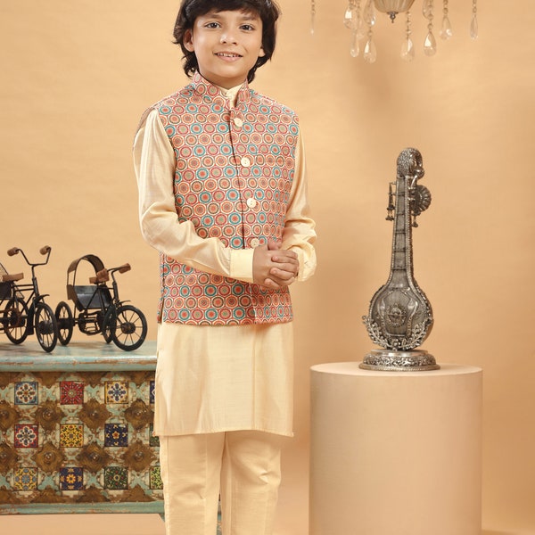 Kids Boys Ethnic Cream Multi Embroidered Bandi Kurta Set For Kids Wedding Party Wear Jacket Traditional Wear Kurta Trouser Kids Sherwani