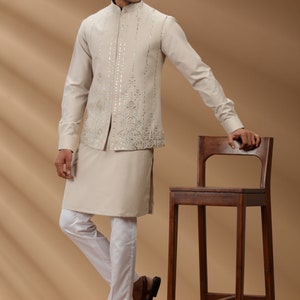 Beige Silk Embroidered Mens Kurta Set: Nehru Jacket & Aligadi Pajama