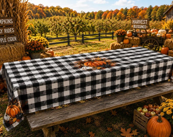 Featured listing image: Tablecloth, Buffalo Check Harvest Pumpkin, Farmhouse Fall Cotton Twill