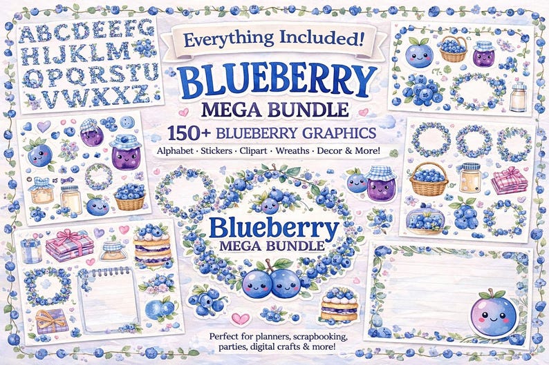 Blueberry Clipart Mega Bundle | Watercolor Graphics, Alphabet, Stickers ...