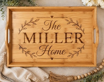 Bandeja familiar personalizada, bandeja con apellido personalizado, bandeja para mesa de centro estilo rústico, regalo de inauguración de casa, regalo de boda, decoración personalizada para el hogar.