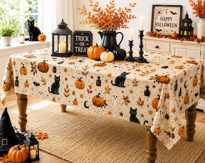 Featured listing image: Cozy Halloween Tablecloth: Black Cats, Ghosts, Pumpkins (Cotton Twill)