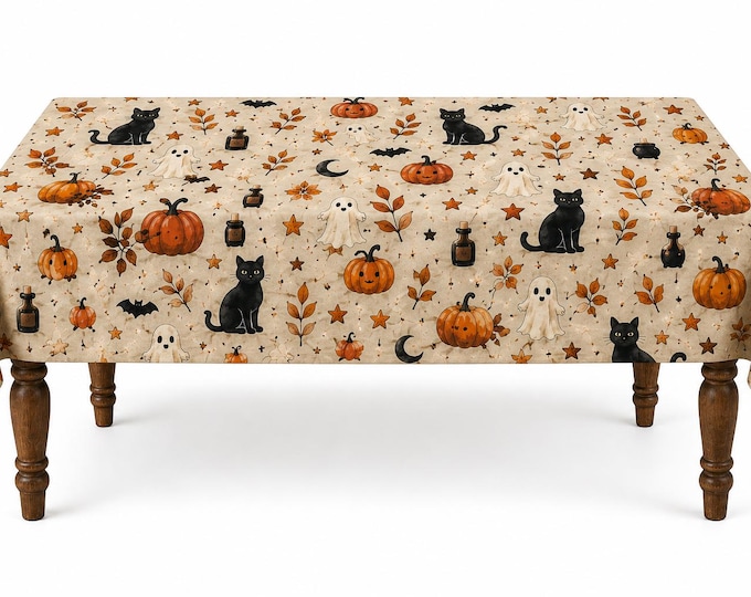 Featured listing image: Halloween Tablecloth: Black Cats, Ghosts, Pumpkins and Fall Leaves on Beige Cotton