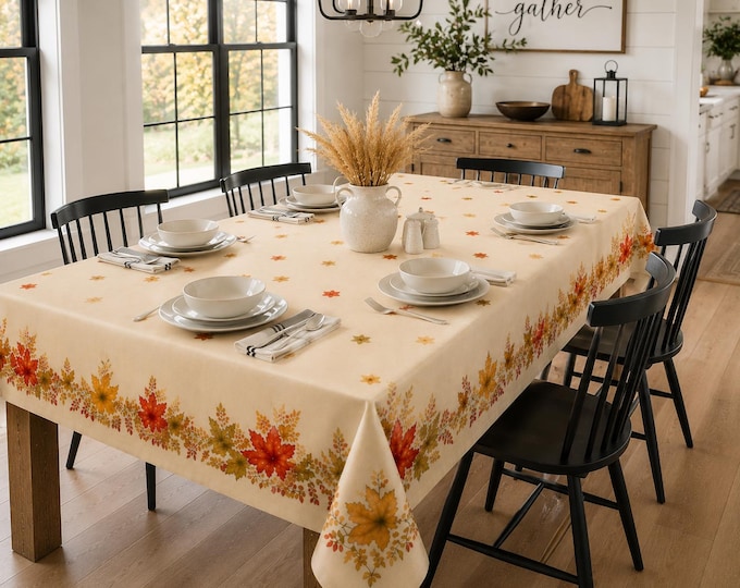 Featured listing image: Autumn Leaf Tablecloth, Cotton Fall Harvest Dining Table Linen