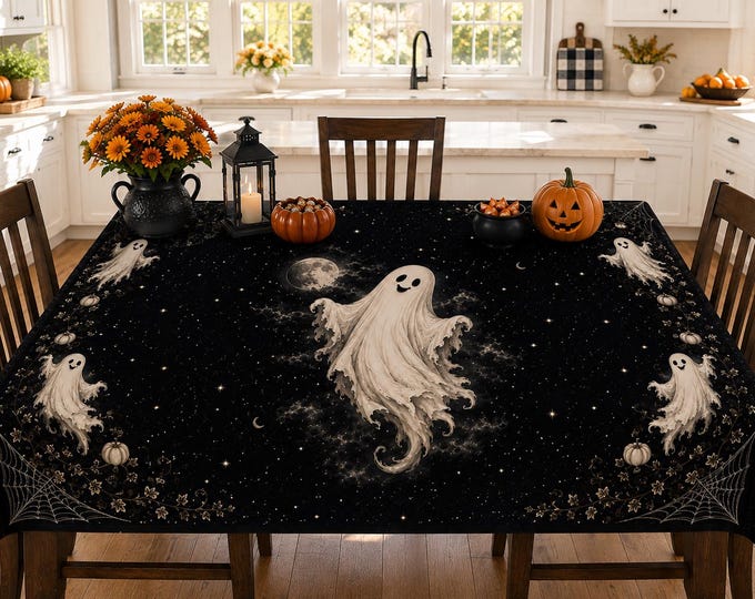 Featured listing image: Tablecloth Halloween Black Ghost Cotton, Spider Web Moon, Square or Rectangle