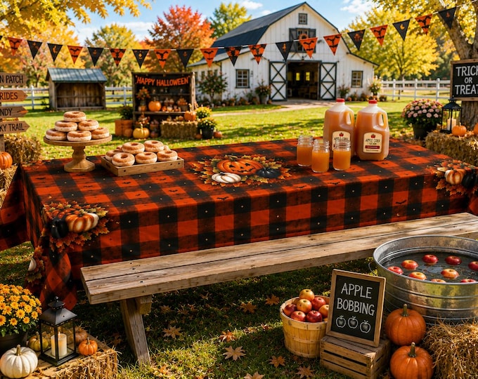 Featured listing image: Tablecloth, Halloween Buffalo Plaid Pumpkin, Farmhouse Fall Decor, Cotton