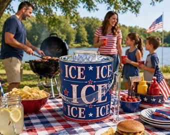 Patriotic Ice Bucket Vintage Americana Ice Bucket Fourth of July Party Ice Bucket Red White Blue Ice Bucket BBQ Party Drink Cooler
