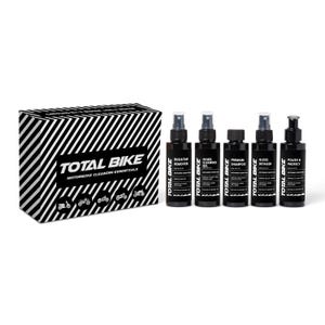 May include: A set of six black motorcycle cleaning products in bottles with white labels and the text "TOTAL BIKE" on the front. The products include Bug & Tar Remover, Wheel Cleaning Gel, Premium Shampoo, Gloss Detailer, and Polish & Protect. The bottles are arranged in a row on a white background.