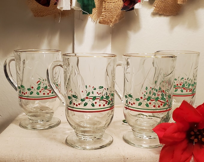 Libbey Holly Berry Irish Coffee Mugs Vintage 1980s Set of 4 Eggnog Mugs