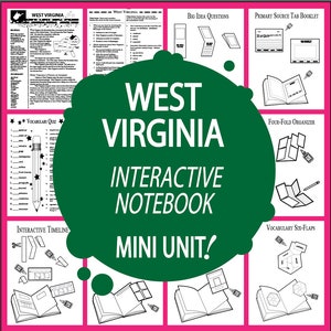 May include: A green circle with the text "West Virginia Interactive Notebook Mini Unit!" in white. The circle is surrounded by images of notebook pages with different interactive activities, such as a vocabulary quiz, a timeline, a four-fold organizer, and a primary source tab booklet.