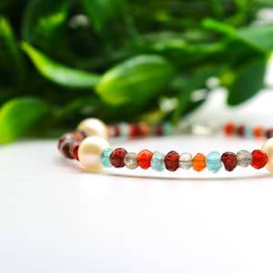 Red water Pearl bracelet, Sterling silver 925, diamond cut, Multi Gemstones bracelet, Aquamarine bracelet,Carnelian Bracelet, Handmade,Gift