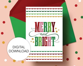 Printable Christmas Card Set | Holiday Greetings| Merry and Bright | Digital Download | 5"x7"| A7 Envelope | XMAS-S1-A